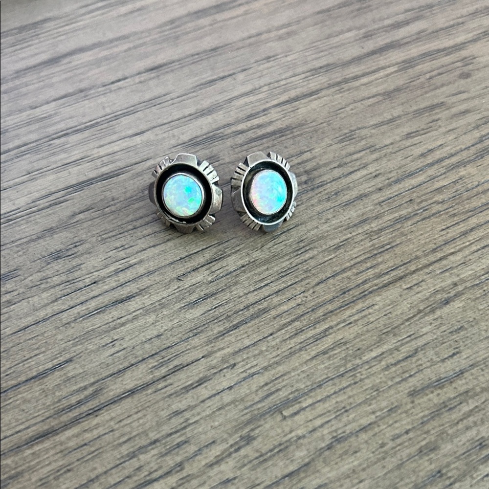 Opal-Inlay Sterling Silver Stud Earrings - White Opal